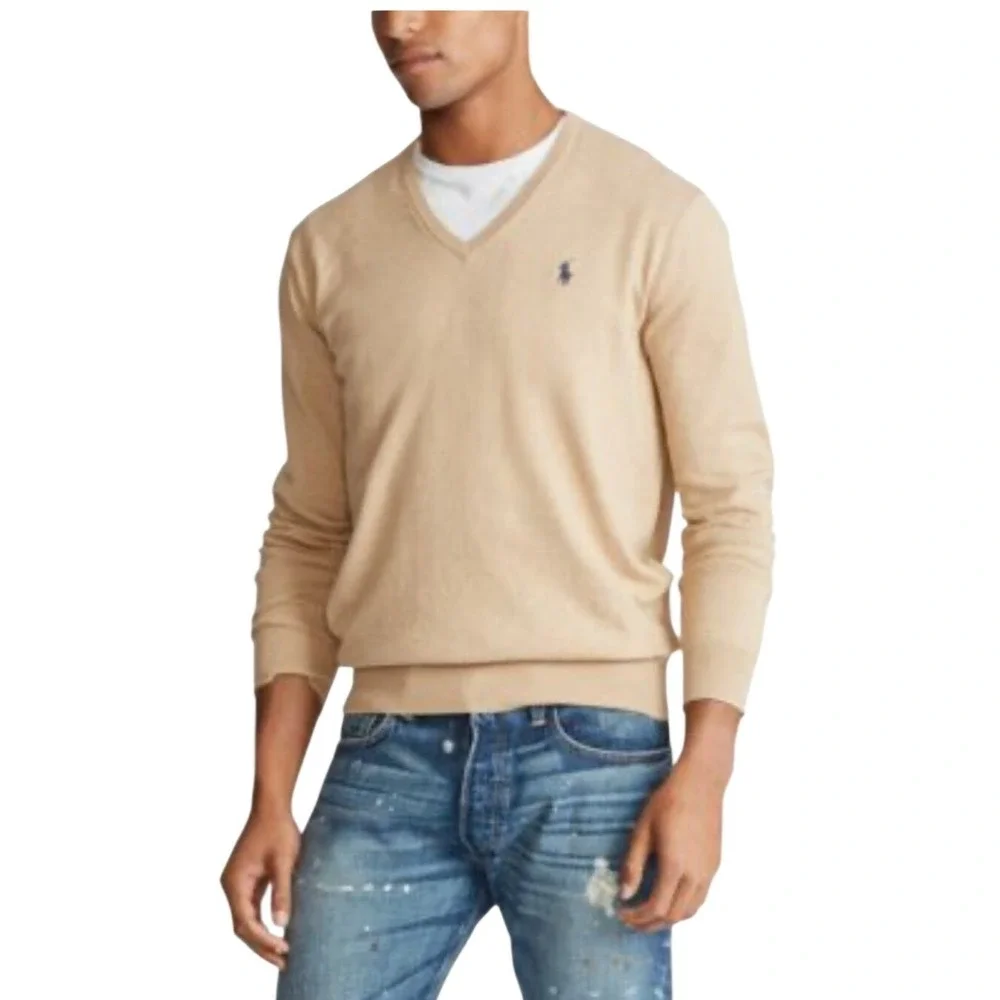 Polo Ralph Lauren Mens Tan V Neck‎ 100% Lambswool Sweater Size L